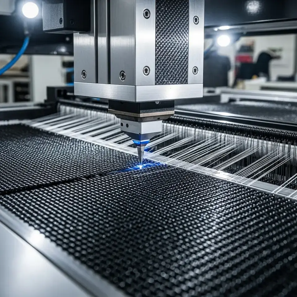 A close-up of a high-tech machine cutting or weaving carbon fiber composite.
