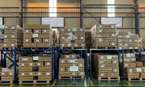Warehouse of 76plastic with neatly stacked FRP products ready for export