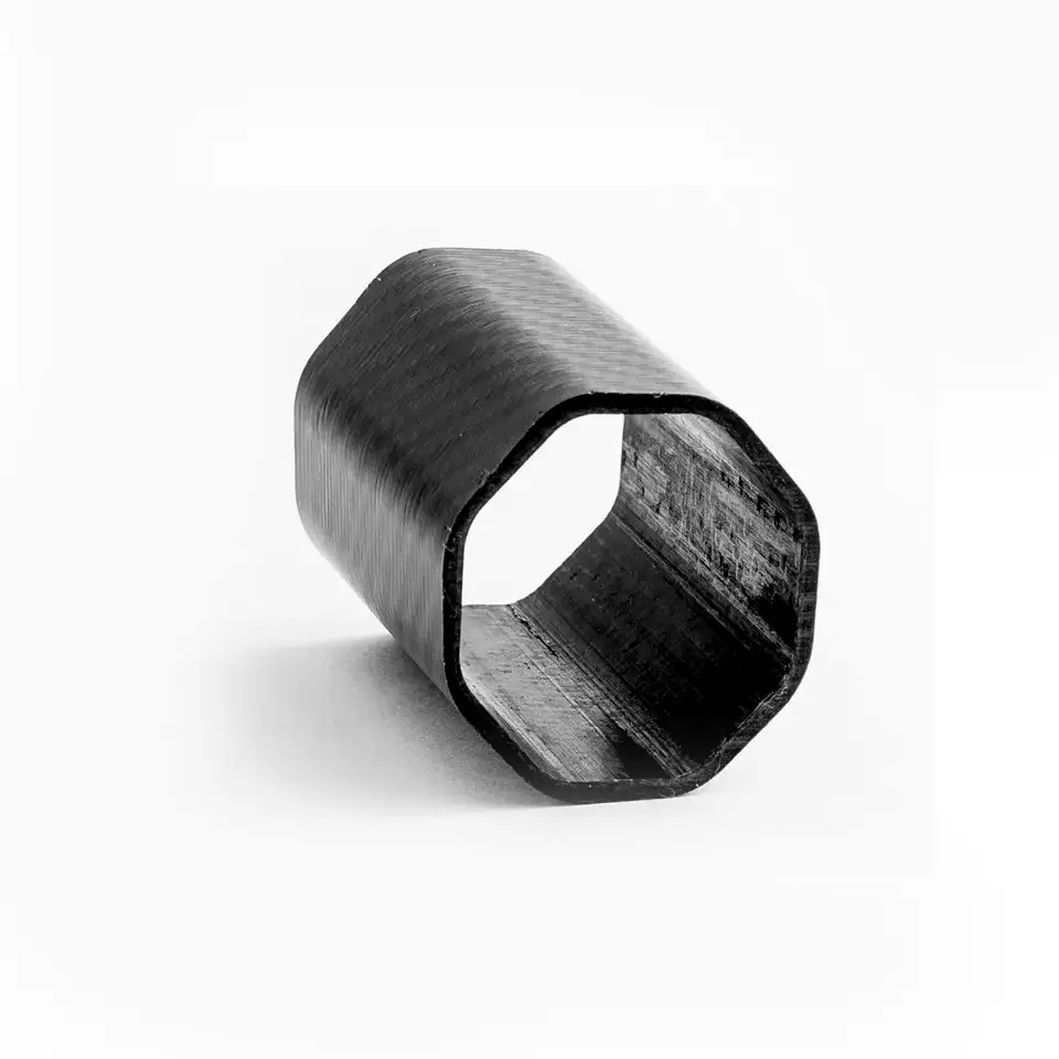Matte finish carbon fiber hexagonal tubing with high torsional rigidity for aerospace.