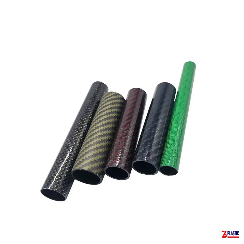 Different weave patterns and colored carbon fiber tubing options including green and red tints.