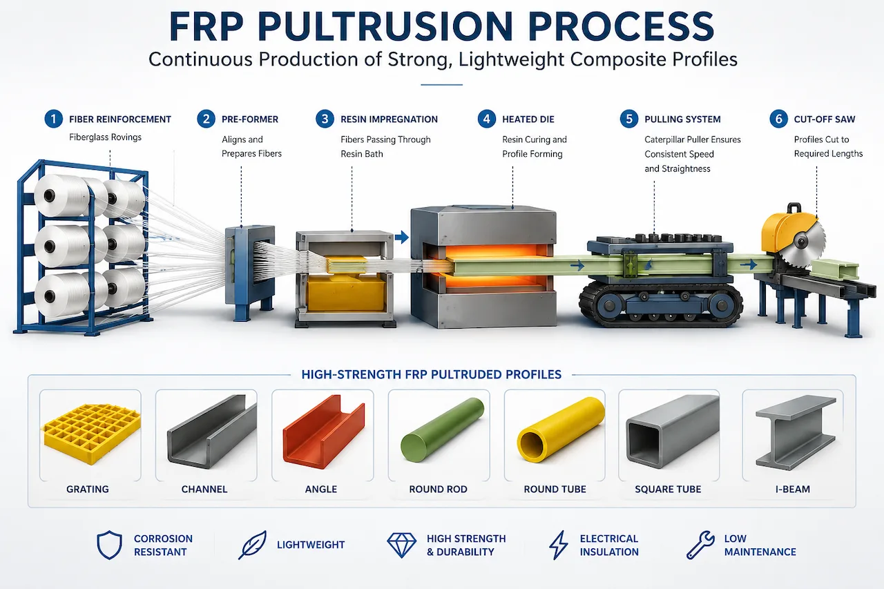 FRP pultrusion manufacturing process showing fiberglass reinforcement, resin bath, heated die, puller, and cut-off saw