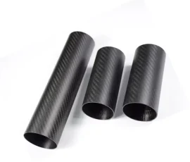 Multiple sizes of carbon fiber round tubing ranging from 10mm to 50mm diameter.